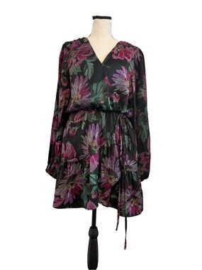 BTFL-LIFE Floral Faux Wrap Dress Medium Black Pink Long Sleeve Ruffle Hem Boho